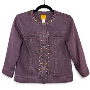Ruby Rd Petite Denim Jacket Womens 6P Small Purple Studded Boho Festival Western